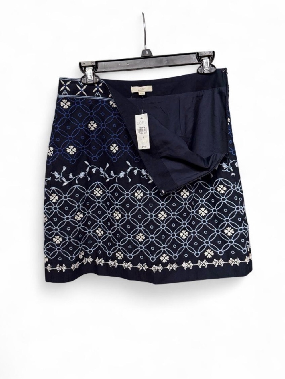 LOFT NWT Navy Embroidered Eyelet Geometric Floral A-Line Mini Skirt Size 6 - Picture 4 of 6